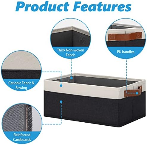 GhvyenntteS Storage Baskets for Organizing, Fabric Storage Bins with Leather H&les, Foldable Rectangular Storage Baskets for Shelves, Closets, Home, Office(Black/White, 6 Pack)11.8X7.9X5.1 in