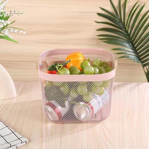 AJIODA Metal Mesh Wire Basket, Small Steel Basket with Wooden Handle Storage Organizer Basket Multi-functional Hanging Kitchen Baskets Fruit Baskets for Kitchen Bathroom Cabinet Pantry Snacks, Pink