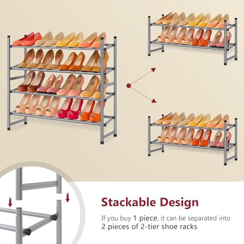 Tajsoon Expandable Shoe Rack for Closet 4 Tier, 28“-41“Stackable, Grey