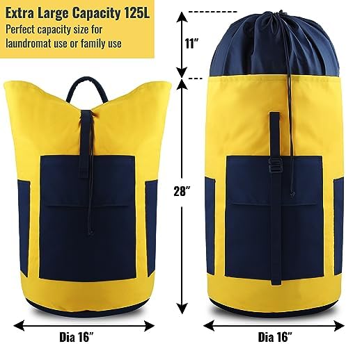 JOINPRO Laundry Bag Backpack, 125L Extra Large Laundry Backpack with Shoulder Straps, Adjustable Extendable Laundry Hamper Bag with 3 Pockets for College, Travel, Camping (Yellow)