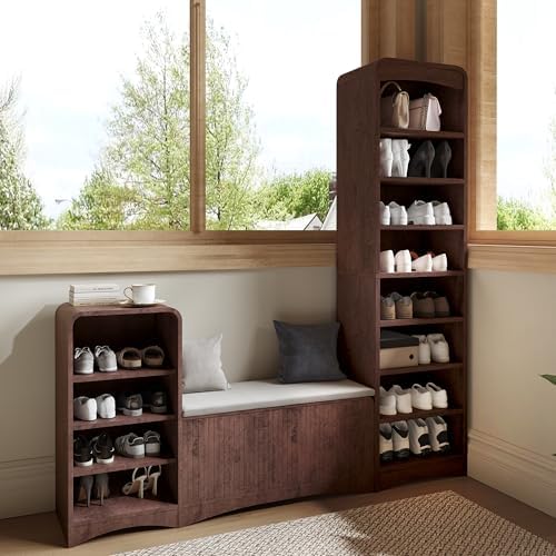 L-Shaped Shoe Cabinet Bench with Flip-Open Box & Shelf, Espresso