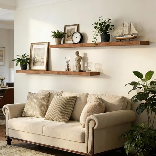 35.8"L Heavy Duty Solid Wood Core Floating Shelves, Rustic Brown, Set of 2