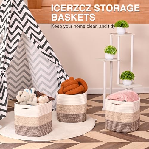 ICERZCZ 11 Inch Cube Storage Bins, Storage Cube Organizer Bins, Woven Cotton Rope Baskets for Storage, Storage Basket for Organizing Shelves, Square Baskets for Toys, Gradient Brown (Pack of 3)