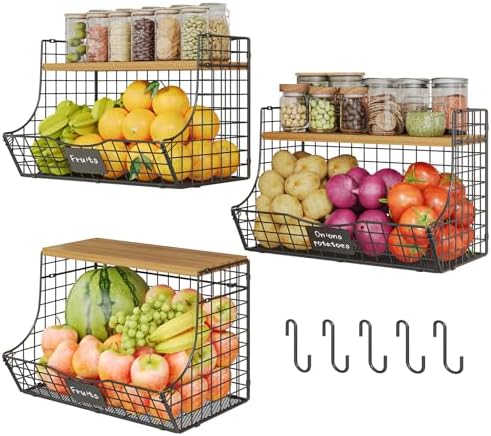 3 Pack Extra Large Fruit Basket for Kitchen with Wood Lid Nameplate - Counter&Wall Mounted Onion and Potato Storage Bin, Stackable Metal Hanging Wire Baskets,15.74 * 8.66 * 10.63 inch