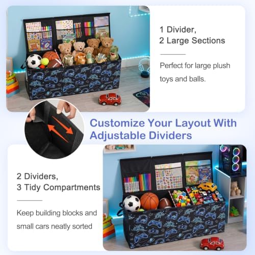 Toy Box with Adjustable Divider Large Toy Chest Storage for Nursery Kidroom | Extra large capacity, removable divider, top and side storage pockets, collapsible design, cute print for playroom decor