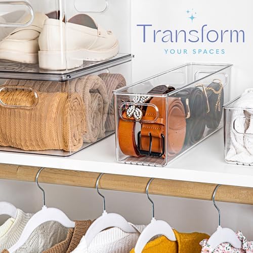 Plastic Food Storage 2 Pack Clear Container Bin with Handles for Organizing Kitchen, Pantry, Refrigerator, Freezer, Pantry, Cabinet, Closet, Bathroom. 14”x4”x5”