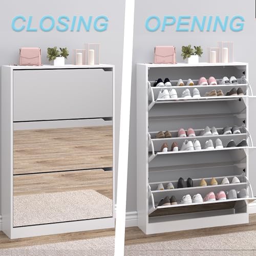 BORNOON Shoe Cabinet with 3-Flip Mirror Drawers, Freestanding Shoe Rack Organizer with Hidden Handle, Slim Narrow Shoe Storage Cabinet for Entryway, Entrance, Hallway, Bedroom