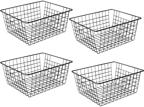 Brightalk 14" Upright Freezer Storage Baskets, Black Wire Storage Bins Large Bakset for Freezer, Pantry, Bathroom Organizing, Set of 4