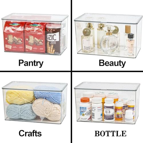 ZEXALOR Clear Plastic Storage Bin with Lid, Organizer for Pantry, Office, Bathroom, Kitchen, Snack, Tea Bag, Coffee Container (Large)