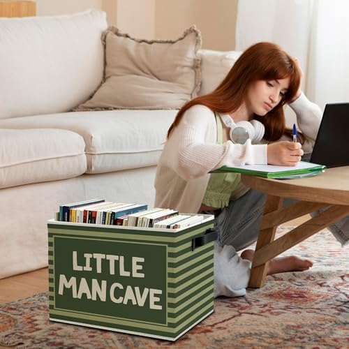 Little Man Cave Boys Storage Bins Box with Handles, Olive Green Striped Boho Collapsible Basket Organizer for Kids Boys Playroom Nursery Room Bedroom Bathroom Books Clothes
