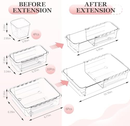 DILIBRA 20 Pcs Clear Extendable Drawer Organizer, Adjustable Drawer Storage 3-Size Desk Drawer Organizer, Plastic Non-Slip Storage Bins for Makeup Cosmetic Jewelries Utensils Stationery Dressers Tool