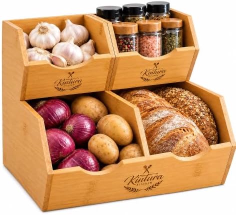 Stackable Bamboo Pantry Storage Bins, Potato Onion Storage Organizer, 3-Tier Fruit and Vegetable Basket with Easy Access Design, Countertop Pantry Organizer for Kitchen Storage and Organization