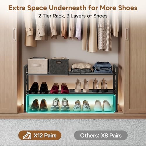 YEASHEIN 2-Tier Expandable Shoe Rack Organizer with Wire Mesh Shelf - Black