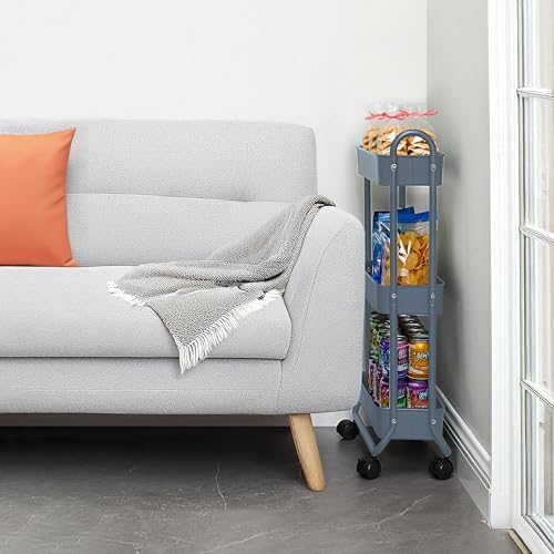 SunnyPoint Slim Rolling Storage Cart, 3 Tier Bathroom Storage Organizer Bathroom, Laundry Utility Cart (Blue)