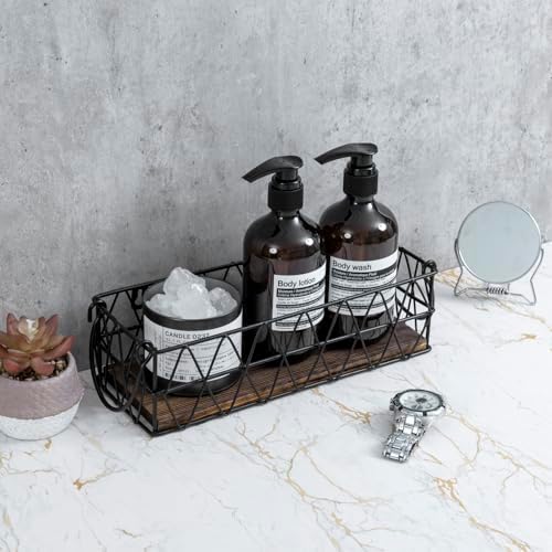MyGift 2 Piece Wall Mounted Black Geometric Metal Nesting Storage Basket with Rustic Solid Burnt Wood Base, Small Tabletop Decorative Metal Wire Bins with Handles
