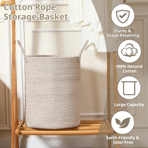 80L Large Woven Laundry Basket Hamper, 100% Natural Cotton Rope, Handwoven & Durable, Storage for Blankets, Toys, Clothes, Decorative Nursery Hamper for Living Room, Baby Room, Bedroom (Brown)