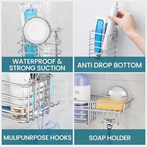 TAILI Shower Caddy Suction Cup, 3 Pack Shelves for Inside with Hooks | Rustproof Silver Storage, Soap Holder, Toothbrush Cups, Removable Bathroom Organizer