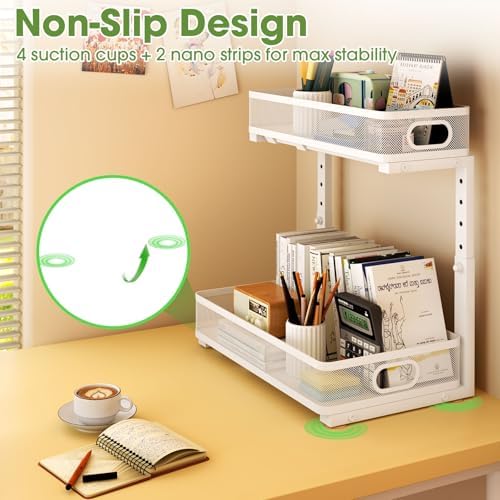 Under Sink Organizer 4-Pack, Metal 2-Tier Pull-Out Cabinet Shelf with Slide-Out Mesh Drawers, Height Adjustable, Space-Saving Storage Racks for Kitchen, Bathroom, Laundry Room, White