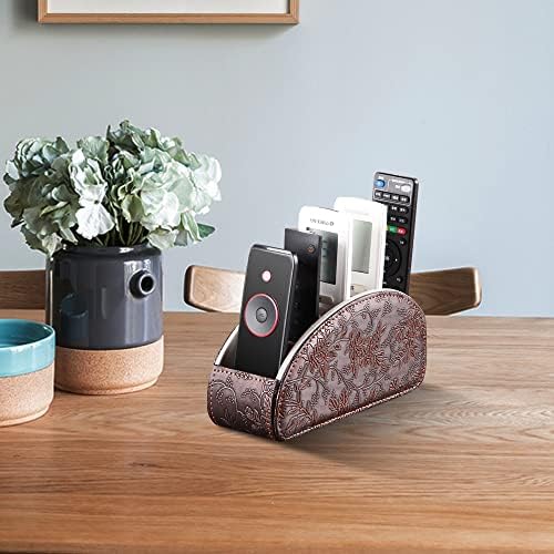 Leather Remote Control Holder,Universal TV Remote Organizer with 5 Compartments,Desktop or Bedside Table Organizer for DVD,Blu-Ray,Gaming and Streaming Remotes,Glasses and Accessories(Antique)