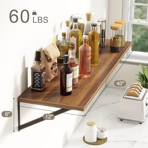 Fun Memories 40 Inch Floating Shelves, 12 Inch Deep Wall Shelf, 40 x 12 Floating Shelf Set of 2, Wood Floating Shelf Wall Mounted, Large Kitchen Living Room Bedroom Storage Shelves, Walnut