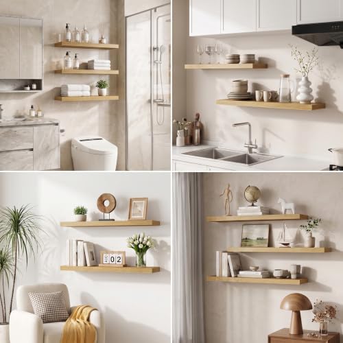 Floating Shelves for Wall, 28 Inch Floating Shelves Set of 2, Wall Mounted Rustic Wood Shelf for Bathroom, Living Room, Bedroom and Kitchen, Hanging Shelf for Storage, Books, Home Decor, Oak