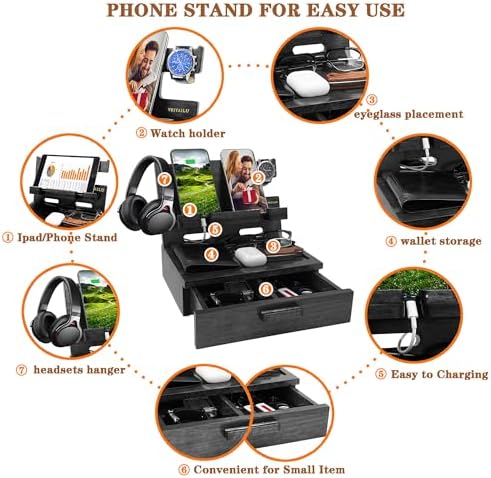 VEIYAILU Gifts for Him Husband Boyfriend Son Men Nightstand Organizer Wood Phone Docking Station Birthday Gifts (Black)