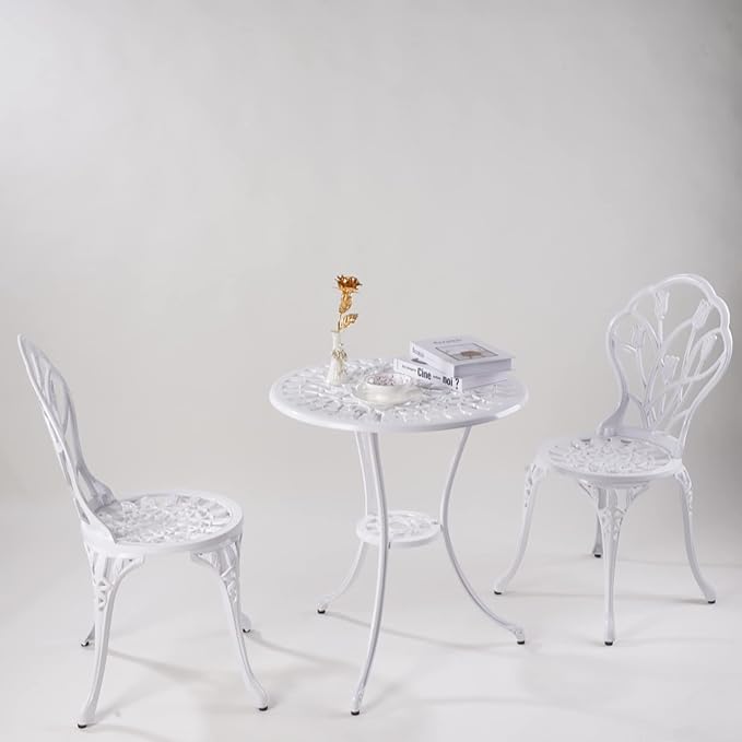 KAILI Patio Bistro Sets 3 Piece cast Aluminum Patio Furniture Outdoor Garden Metal Rust Proof Tables and Chairs White bisrto Set (Tulips-White)
