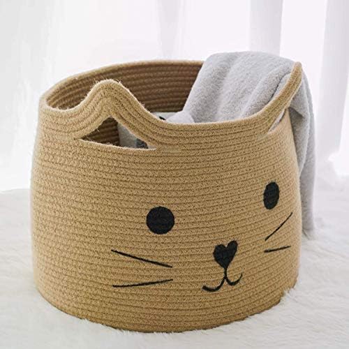 Large Woven Rope Cat Toy Basket with Cat Face Design, Jute