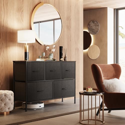 WLIVE 5 Drawer Dresser for Bedroom, Wide Chest of Drawers, Charcoal Black