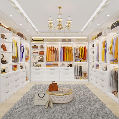 Closet System with 4 Sets, 8-21FT Closet Organizer System with 9 Drawers & 6 Shelves & 8Hanging Rods, Custom L-Shaped Walk in Closet Organizers and Storage System, Modular Closet Shelving System,White