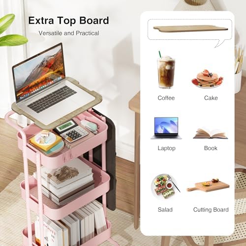 DTK 3-Tier Rolling Cart with Table Top, Metal Utility Cart with Side Bags | Tray Storage Organizer, Lockable Wheels, 4 Hooks, Art Cart for Kitchen, Bathroom, Office, Craft room, Living room, Pink