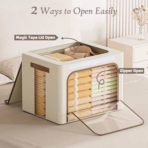 Yecaye Clothes Storage Bins with Lids & Clear Window, Beige, 40L, 3 Pack