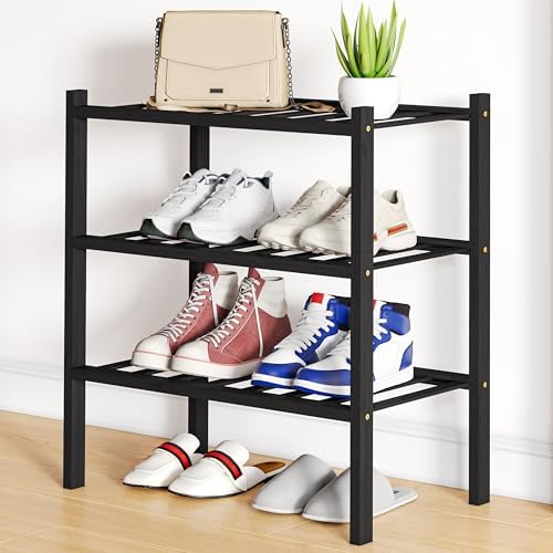Smiry Bamboo Shoe Rack, 8 Vertical Slats, 3 Tier - 17.3" Wide, Black