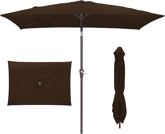 JEAREY 6.5x10 ft Rectangular Patio Umbrellas Rectangle Outdoor Umbrella with Push Button Tilt and Crank, Market Table Umbrella 6 Sturdy Ribs UV Protection for Poolside Garden Backyard Deck, Brown