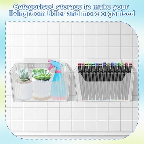 6Pcs Storage Organizer Bins Wall Mounted Organizer Basket Large Size Clear Plastic Makeup Organizer Adhesive Hanging Bin for Bathroom Kitchen Pantry
