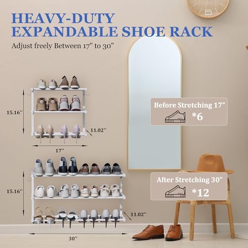 4 Pack Wall Mounted Shoe Rack, 3 Tier Hanging Shoe Rack Holds 48 Pairs, 17"-30"Adjustable Heavy Duty Metal Shoe Organizer Holder with 8 Storage Hooks, Space Saving for Closet Entryway Doorway（White)