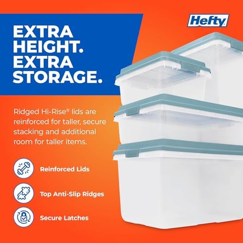 Hefty Hi-Rise Storage Bin with Lid, 40 Quart, Smoke Blue, 6 Pack
