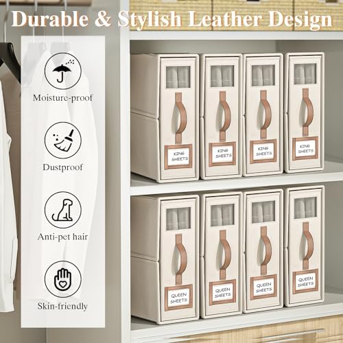 8 Pack Foldable Bed Sheets Set Organizers and Storage(King & Queen Size),Linen Fabric Closet Organizers with Window,Folding Bedding Storage Box for Bedsheets and Pillow Cube Organizer-Beige