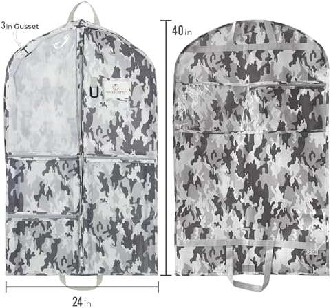 Waterproof Hanging Garment Bag 40 inch Clothes Bag with Gusset, 5 Pockets & Side Zip for Dance Costumes, Sports, Skating, Theatre, Beauty Pageants, Cheer & More by Kendall Country, Camo Grey