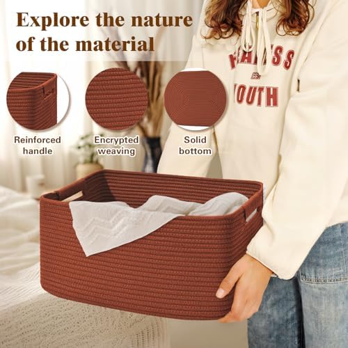3 Pack Large Storage Basket for Organizing, 17.5"x13"x7" Woven Basket for Shelves, Closet Cube Storage Bins with Wrapped Handle, Cotton Rope Baskets for Kitchen, Clothes, Toys(Oxide Red)