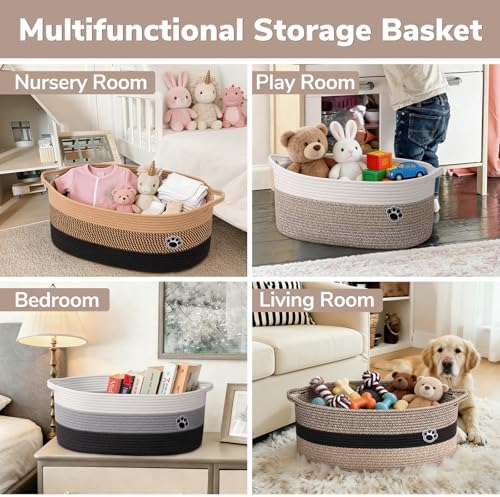 30L Large Woven Rope Dog Toy Basket with Paw Print, Mixed Brown | 19.7" x 11" x 7.9" Dog Toy Bin & Box with Handles, Storage Basket for Blankets Towels, Fits Living Room Nursery Bedroom