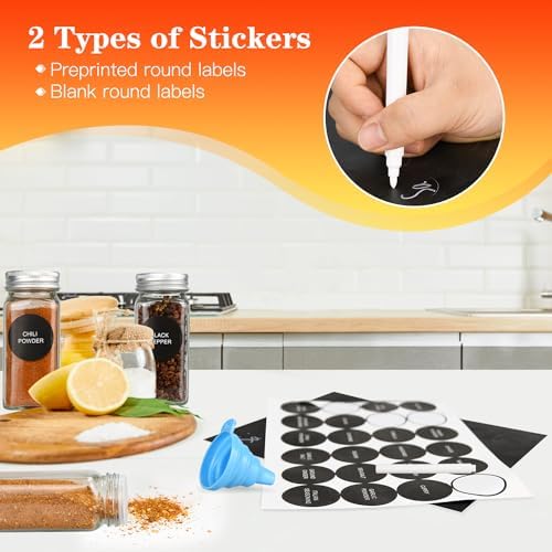 DkOvn 12pcs Glass Spice Jars with Labels, 6oz Empty Spice Jars | with Mental Caps, Shaker Lids, Collapsible Funnel, Chalk Pen, Seasoning Organizer for Spice Rack