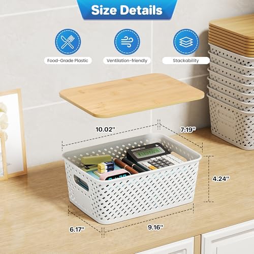 Anysig 8 Pack Plastic Storage Bins with Bamboo Lids, 5.2 QT Stackable Bins