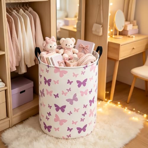 Round Fabric Collapsible Storage Basket with Handles, Purple Butterfly