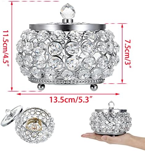 Hipiwe Crystal Jewelry Trinket Box with Glass Lid Silver Mirrored Treasure Box Decorative Jewelry Box Ring Earrings Necklace Storage Keepsake Box Gift for Women