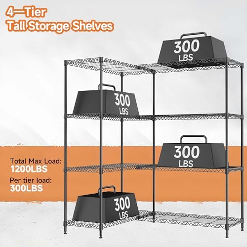 M MZG 4 Tiers Storage Shelves Load 1200LBS, Metal Shelving Wire Metal Shelving Unit Shelves for Storage Adjustable Garage Shelving for Pantry Kitchen Garage Black 15.8" D x 33.5" W x 59.5" H