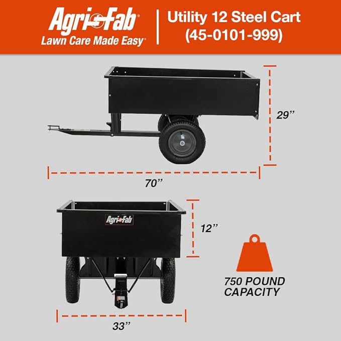 Agri-Fab 45-0101 Steel Utility Lawn & Garden Dump Cart, For Riding Lawn Mowers, 12 cu ft/750# Capacity; 16" Pneumatic Wheels, Easy Foot-Lever Dumping