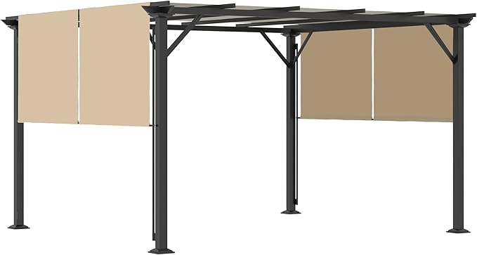 Outsunny 12' x 10' Outdoor Retractable Pergola Canopy with Sun Shade Unique Design Canopy Patio Metal Shelter for Garden Porch Beach, Beige