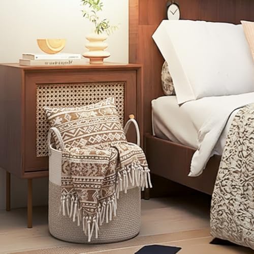 ShellKingdom Laundry Basket, Large Natural Rope Woven Storage Basket with Handles for Home, Living Room, Laundry, Storage Organizer for Blankets, Clothes, Toys, 19.7 x 14.96 INCH (2-Toned White Khaki)