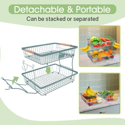Fruit Basket Bowl 2 Tier Detachable with 2 Banana Hangers, Fruit Stand Holder for Kitchen Countertop, Metal Wire Vegetable Storage Organizer, for Bread Snack Veggies Produce, blue